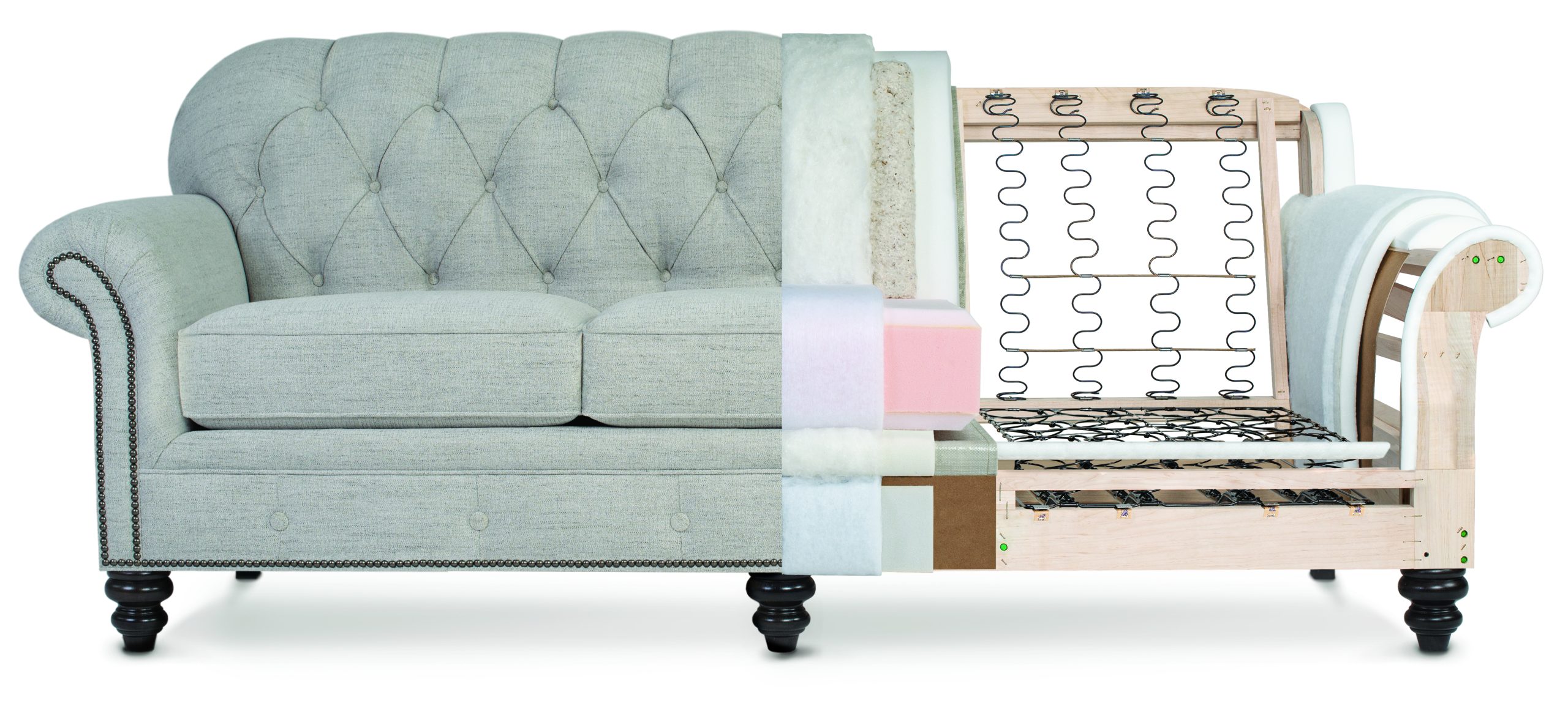 Smith Brothers sofa cutaway showing solid maple hardwood frame, steel coil springs, and Qualux Ultra foam construction