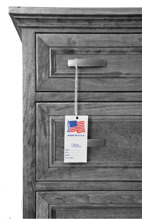 Close-up of a solid hardwood dresser with a Made in the USA tag