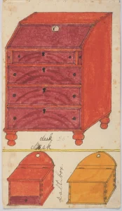 Watercolor drawing of a slant-front desk and salt boxes from Henry Lapp's handbook, a record of 19th century Amish furniture design