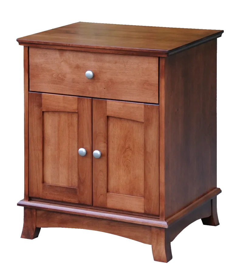 Amish Crescent Nightstand with 1 Drawer, 2 Doors - Brown Maple, FCN3173 New Carrington, Silver Knobs, HOK-22129, Silver Knobs, HOK-22129 Amish Crescent Nightstand with 1 Drawer, 2 Doors - 017-ZTC053