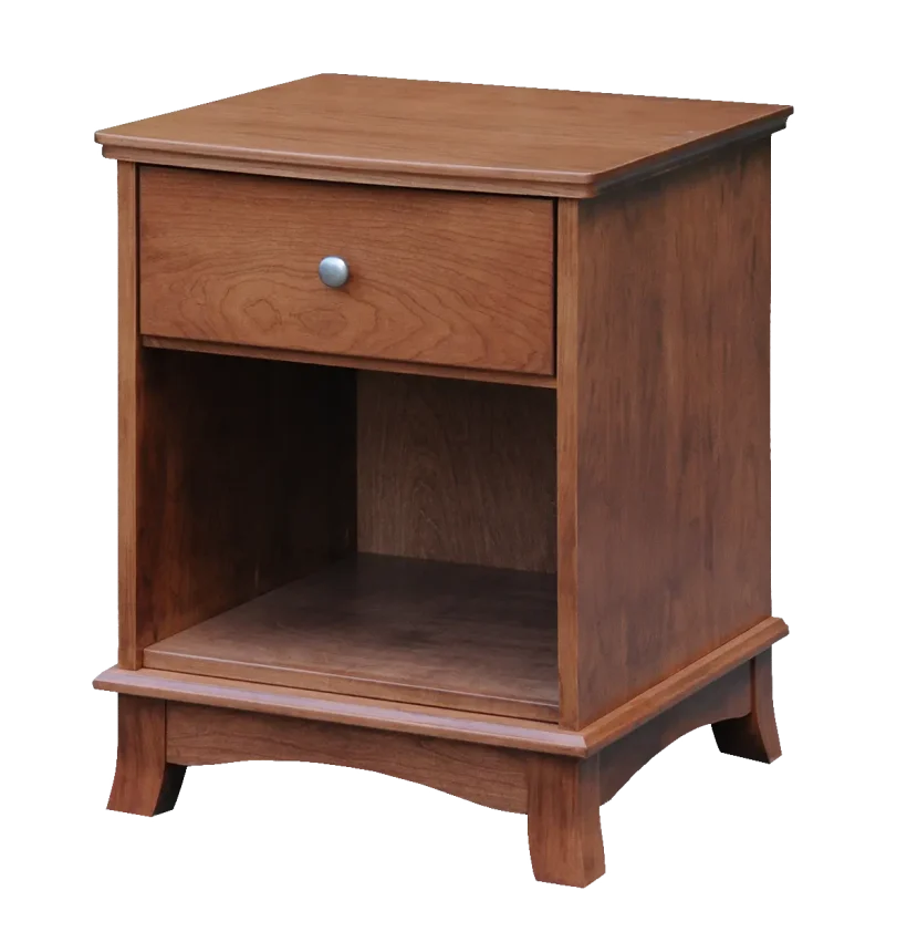 Amish Crescent Open Nightstand with 1 Drawer - Brown Maple, FCN3173 New Carrington, Silver Knobs, HOK-22129 Amish Crescent Open Nightstand with 1 Drawer - 017-ZTC058