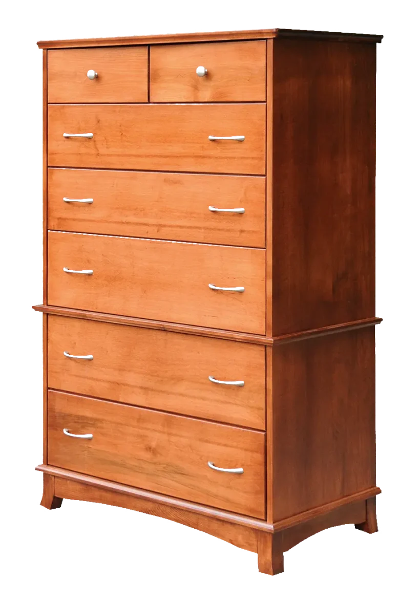 Amish Crescent Chest on Chest - Cherry, OCS108 S-14, Silver Knobs, HOK-22129, Silver Pulls, HOK-22173 Amish Crescent Chest on Chest - 017-ZTC063