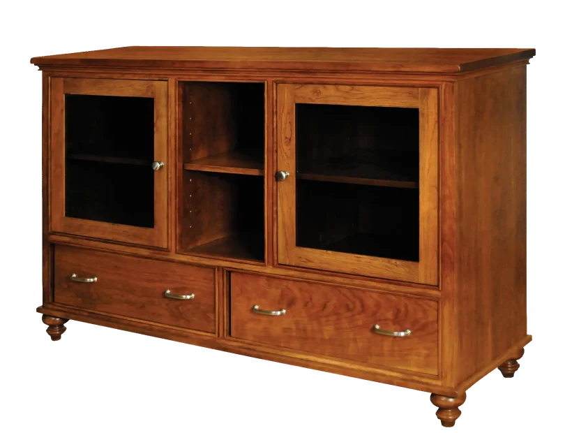 Amish Duchess 62" TV Stand - Rustic Cherry, OCS117 Asbury, Silver Pulls, P2280-SN, Silver Knobs, K2980-SN Amish Duchess 62" TV Stand - 017-ZTC208