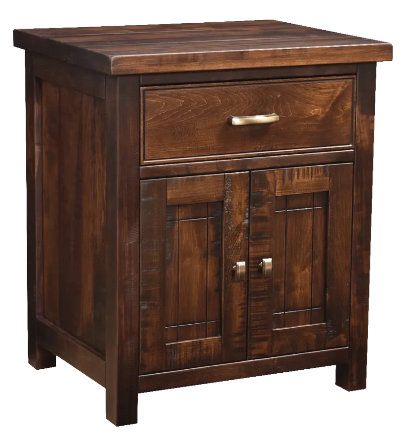 Amish Timbermill 1 Drawer, 2 Door Nightstand - Rustic Cherry, FC3030 Kona, Gold Pulls, K519-96-ABSB, Gold Knobs, K519-ABSB Amish Timbermill 1 Drawer, 2 Door Nightstand - 017-ZTC2353