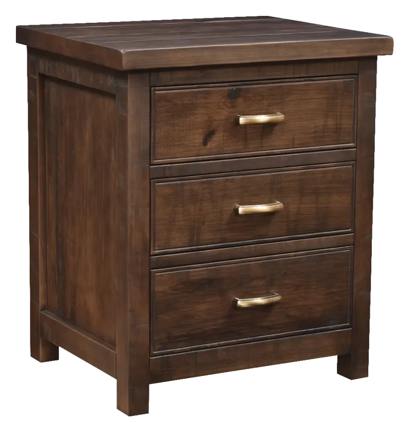 Amish Timbermill 3 Drawer Nightstand - Rustic Cherry, FC3030 Kona, Gold Pulls, K519-96-ABSB Amish Timbermill 3 Drawer Nightstand - 017-ZTC2354