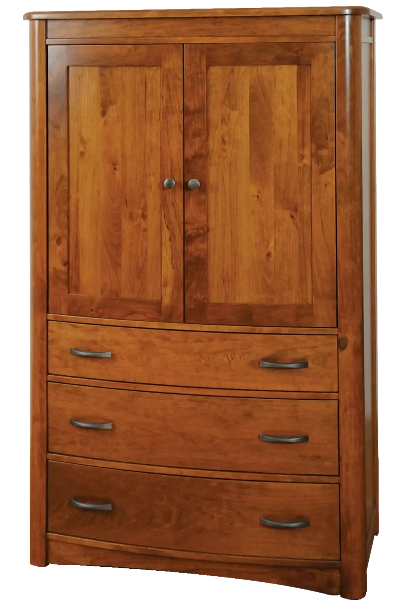 Amish Meridian Armoire - Brown Maple, OCS227 Rich Cherry, Silver Pulls, 29385-AS, Silver Knobs, HOK-22129 Amish Meridian Armoire - 017-ZTC859