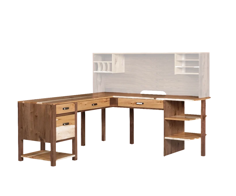 Amish Wakefield L-Desk - Yes, Rustic Hickory, OCS100 Natural, Rustic Walnut, OCS100 Natural, , , Black Pulls, 046-53715-GPH, Black Pulls, 046-53715-GPH Amish Wakefield L-Desk - 046-T933A