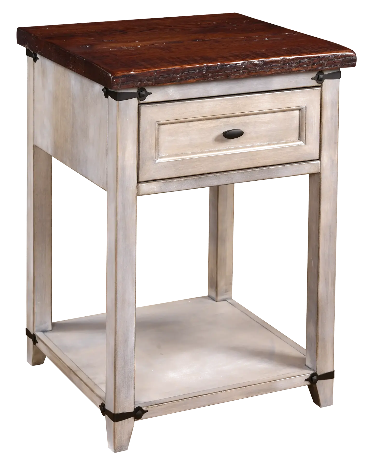 Amish Farmhouse Heritage 1 Drawer Nightstand with Shelf - Reclaimed Oak, OCS117 Asbury, Rustic Cherry, London Fog, Black Knobs, A53016-FB Amish Farmhouse Heritage 1 Drawer Nightstand with Shelf - 017-ZTC9350-O