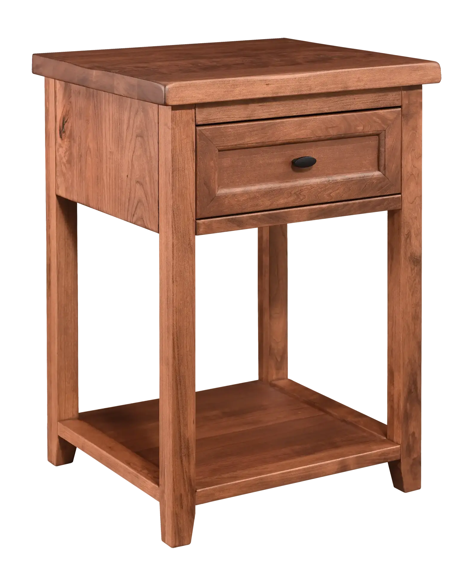 Amish Farmhouse 1 Drawer Nightstand with Shelf - Rustic Cherry, OCS104 Seely, Black Knobs, A53016-FB Amish Farmhouse 1 Drawer Nightstand with Shelf - 017-ZTC9350