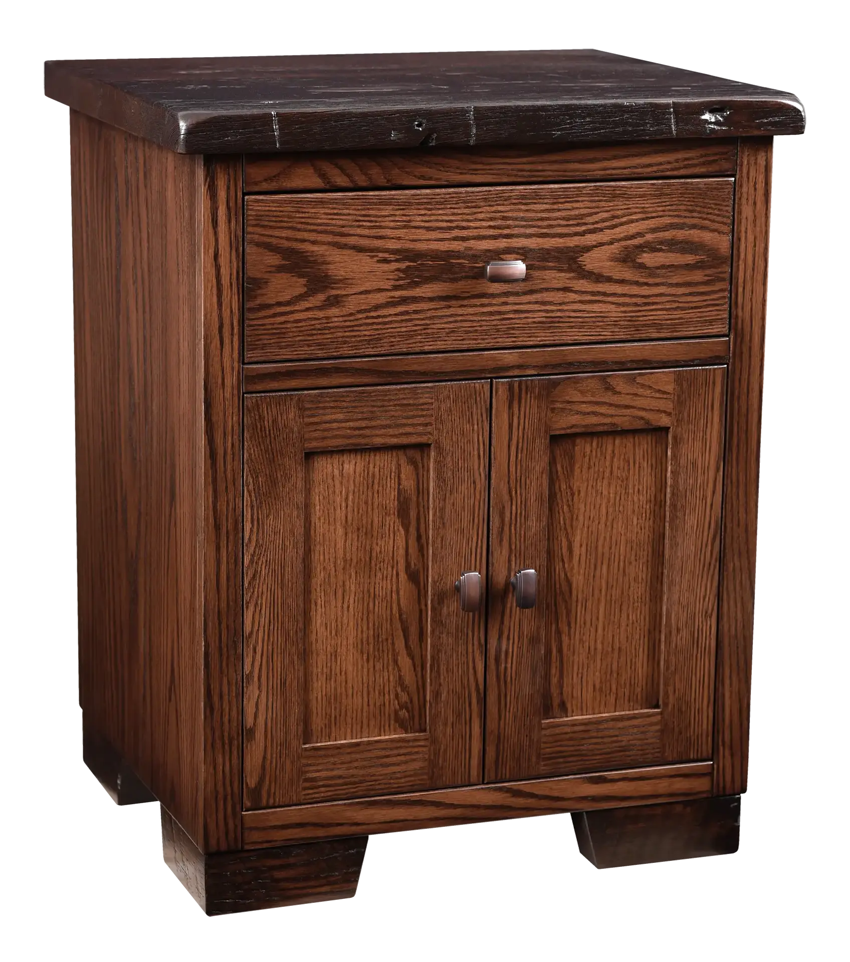 Amish Farmhouse Heritage 1 Drawer 1 door Nightstand - Reclaimed Oak, OCS117 Asbury, Oak, OCS117 Asbury, Bronze Knobs, K519-DBAC, Bronze Knobs, K519-DBAC Amish Farmhouse Heritage 1 Drawer 1 door Nightstand - 017-ZTC9353-O