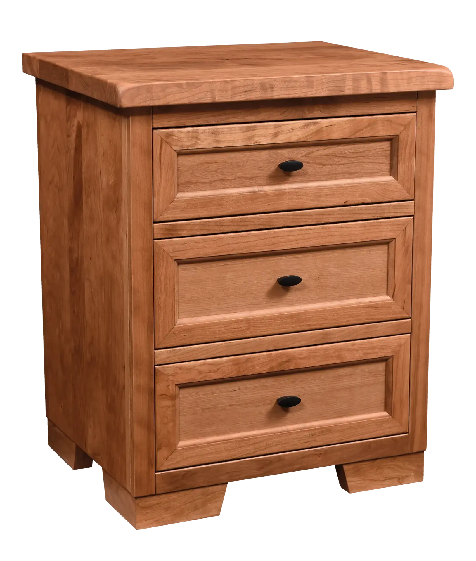 Amish Farmhouse 3 Drawer Nightstand - Rustic Cherry, OCS104 Seely, Black Knobs, A53016-FB Amish Farmhouse 3 Drawer Nightstand - 017-ZTC9354