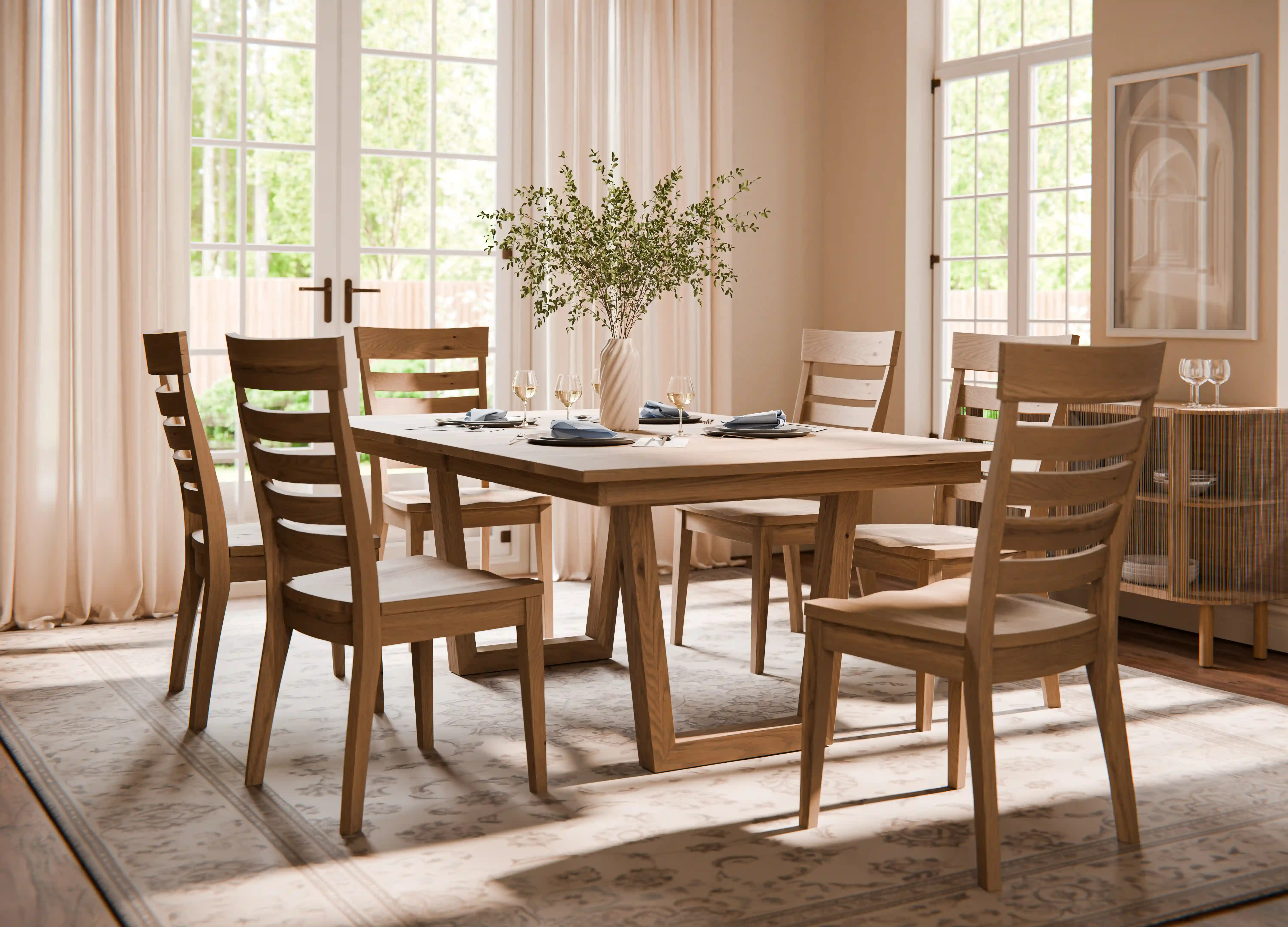 Amish Lindsey Trestle Solid Hardwood Dining Table - No, , 42'' x 72'' x 30'' Solid Top, , , , , Rustic White Oak, Seashell Amish Lindsey Trestle Solid Hardwood Dining Table - 281-VZ-54-QXYIB